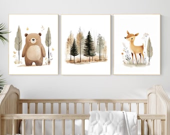 Watercolor Woodland Nursery Prints: Bear, Deer, Forest Art Set