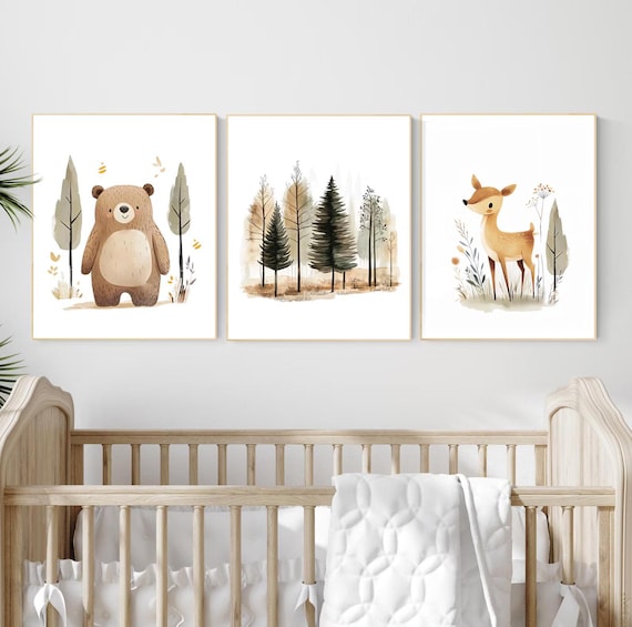 Watercolor Woodland Nursery Prints: Bear, Deer, Forest Art Set