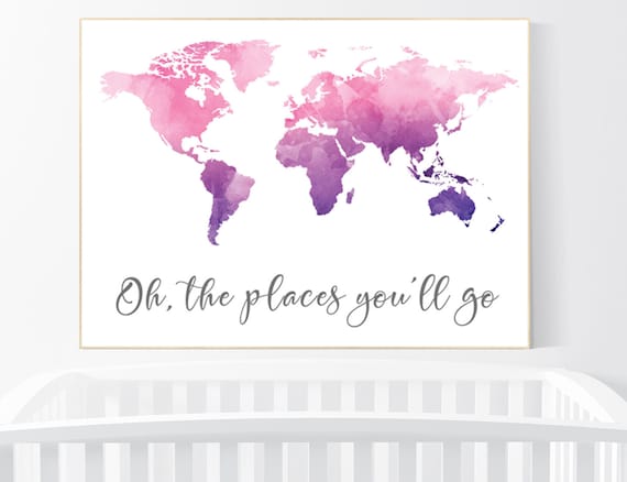 Nursery decor purple pink, world map print nursery, world map print watercolor, nursery wall art, purple and pink, world map wall art