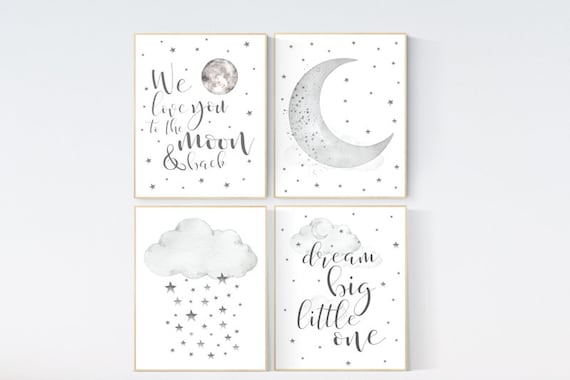 Nursery wall art grey, gray nursery, nursery decor neutral, baby room decor gender neutral, moon and stars, grey nursery decor baby room art