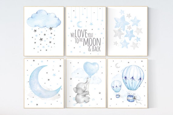 Nursery decor boy elephant, we love you to the moon and back, Blue and gray, cloud and stars, hot air balloon. nursery wall art boy elephant