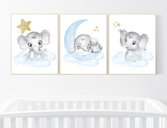 Nursery decor boy elephant, blue and gold nursery, blue nursery wall art, elephant nursery, baby room wall decor, boys room decor