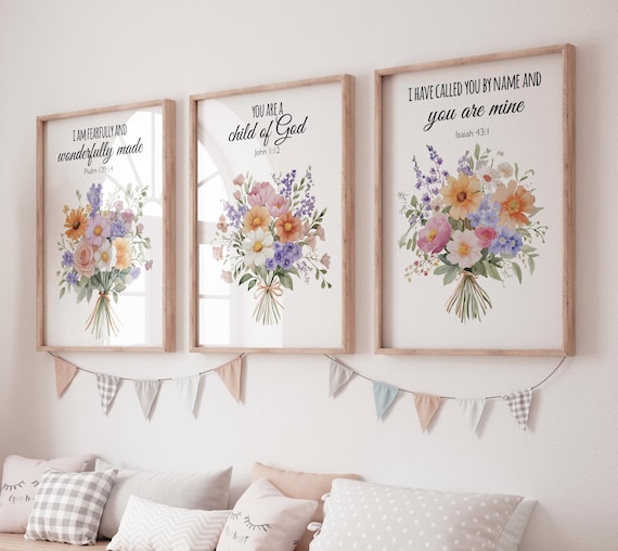 Bible Verse Floral Wall Art Set, Scripture Flower Prints, Christian Watercolor Botanical Decor for Bedroom, Nursery, or Living Room