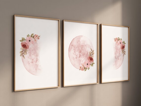 Moon wall art, Moon nursery decor, Blush pink, blush nursery, Full moon print, Moon print, nursery decor girl, moon phases, burgundy blush