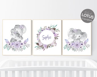 May include: Set of three watercolor prints featuring a gray elephant with purple flowers. The middle print has the name "Sophie" in a circle.