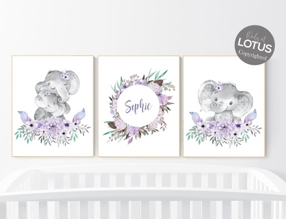 Personalized Elephant Nursery Wall Art Set of 3 - Purple Floral Baby Girl Name Print - Safari Animal Poster - Boho Nursery Decor