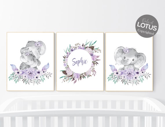 Purple teal nursery, Boho baby room, nursery wall art elephant, nursery decor girl, nursery decor girl floral, lilac nursery decor, lavender