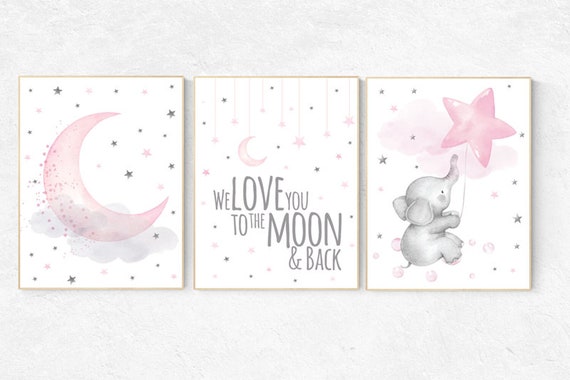 Elephant nursery wall art, Nursery decor girl, nursery decor girl pink, pink nursery, we love you to the moon and back, cloud and stars