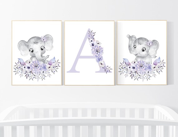 Purple nursery, Boho baby room, nursery wall art elephant, nursery decor girl, nursery decor girl floral, lilac nursery decor, lavender