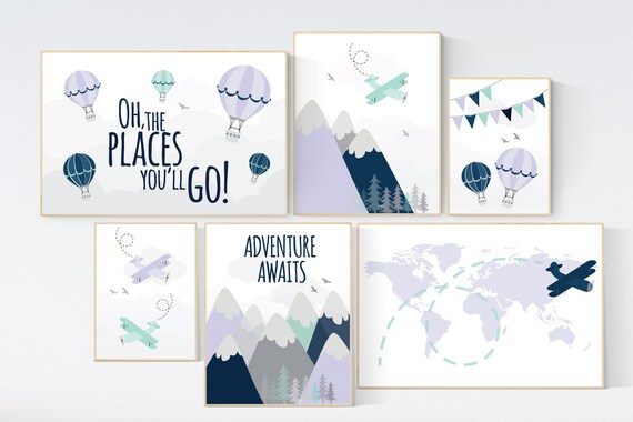 Nursery decor girl adventure, mountain, purple nursery, lilac, navy, mint, adventure awaits, adventure theme, hot air balloon nursery art