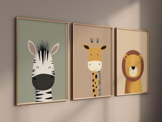 Safari Animal Nursery Prints, Boho Jungle Art, Set of 3