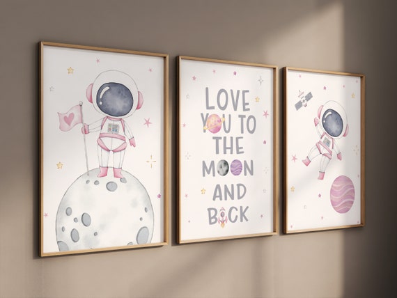 Space Nursery Prints, Pink Space nursery, Playroom Decor, girls Room Decor, space wall art, Outer Space Nursery Wall Art, Rocket Ship