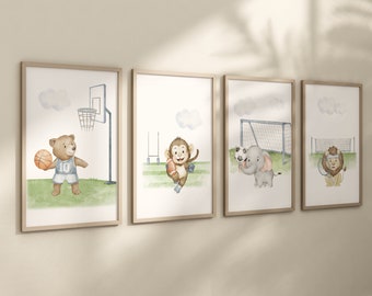 Sports nursery decor, Baby Animals Sport, Baby boy sports nursery, Safari nursery, baseball, football, tennis, basketball, sports animals