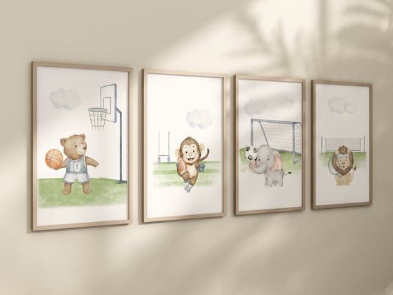 Sports nursery decor, Baby Animals Sport, Baby boy sports nursery, Safari nursery, baseball, football, tennis, basketball, sports animals