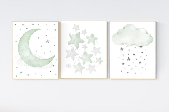 Sage green nursery decor, gender neutral nursery, sage green, moon and stars, set of 3, nursery prints, green nursery, star nursery