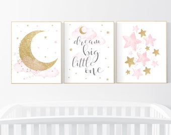 Nursery wall art girl, baby room decor girl gold and pink, moon and star, baby room decor, girl nursery wall art, star nursery, gold nursery