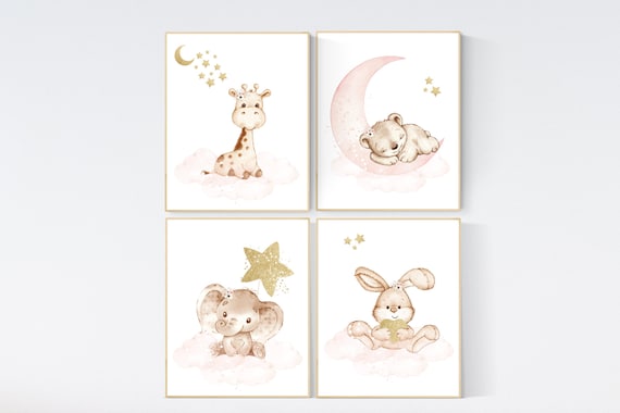 Blush and gold, Nursery decor girl elephant, animal nursery, bunny, giraffe, bear, blush pink, dusty blush, moon, stars, animal prints