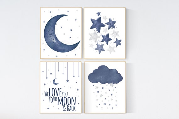 Nursery decor boy navy, nursery wall art boy, moon and stars, navy blue, navy nursery, we love you to the moon and back, boy nursery