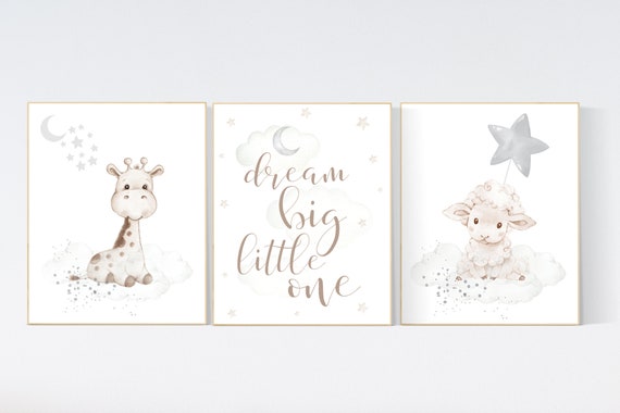 Sheep and giraffe nursery decor, Gray nursery decor, nursery decor lambs, nursery wall art sheep, dream big little one, animal nursery