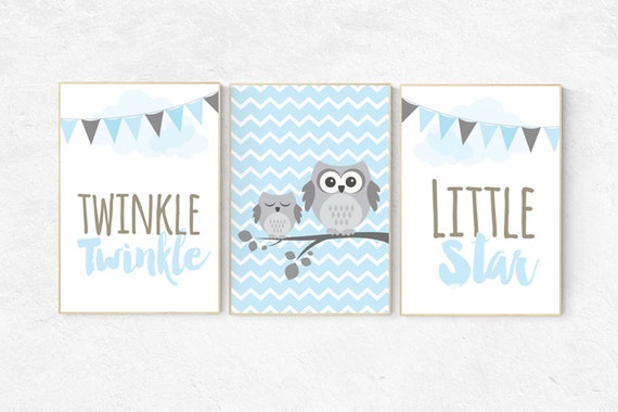 Twinkle Twinkle Little Star, owl nursery art, Baby boy nursery decor, Blue gray nursery, boys room wall art, baby room prints, set of 3, owl