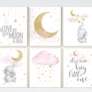 We love you to the moon and back, Pink gold nursery, girl room wall art, moon nursery, Nursery decor girl, nursery decor elephant, stars