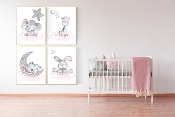 Animal prints for nursery, Nursery wall art set, pink and silver, Nursery decor girl elephant, animal nursery, bunny print, bear, giraffe