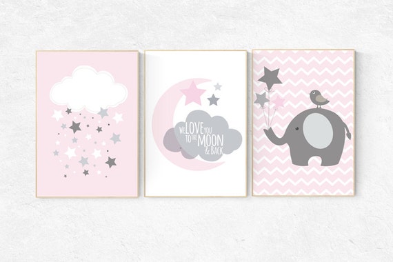 We love you to the moon and back, pink nursery decor, nursery decor, moon nursery, elephant nursery, baby girl nursery wall art, set of 3