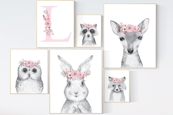 Animal nursery, woodland nursery decor girl, animal prints for nursery girl, pink grey, nursery decor girl boho, bunny, fox, deer, owl, gray