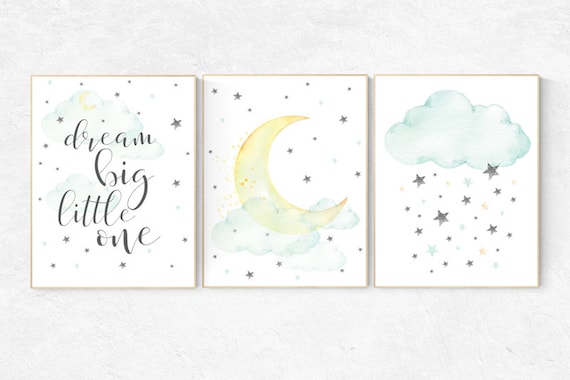 Mint and yellow nursery, moon and stars nursery, nursery decor girl wall art, dream big, teal and yellow, nursery decor boy teal, cloud