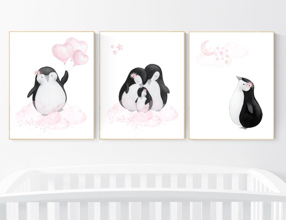 Penguin nursery, pink nursery wall art, girl nursery, baby room wall art, nursery wall art penguin, nursery decor girl, penguins, baby room
