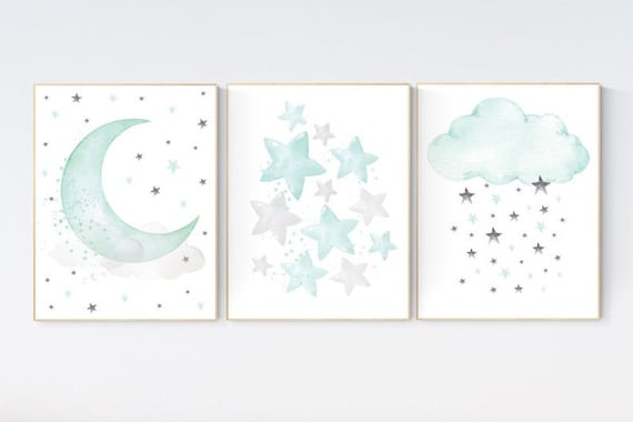 Canvas Listing: Mint and gray nursery wall art, mint green nursery decor, moon and stars nursery, gender neutral