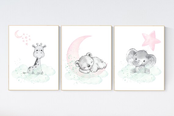 Nursery decor girl pink mint, Nursery wall art girl elephant, pink and mint, moon, stars, nursery prints, baby room decor, girl nursery