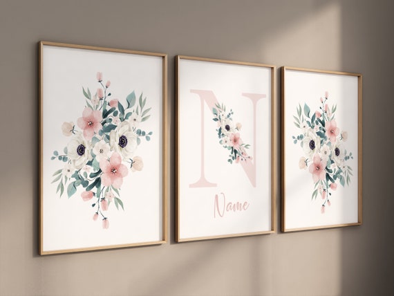 Nursery decor girl flower, blush pink, Boho Nursery Wall Art, Girls Bedroom, Botanical Prints, Floral Prints, flower Nursery Art, Name Sign