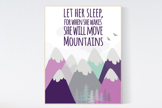 Nursery decor girl adventure, mountain nursery decor, mountain nursery, purple nursery, adventure nursery, let her sleep for when she wakes