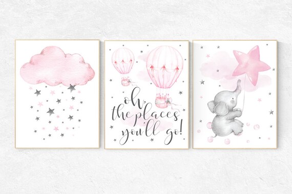 Nursery prints girl, nursery decor girl elephant, hot air balloon, cloud and stars, oh the places you'll go, moon nursery, baby room decor