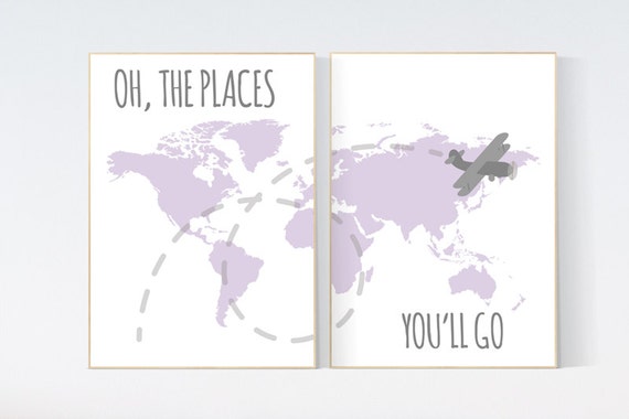 Oh the places you'll go, travel nursery decor, World Map wall art, world map nursery, purple nursery decor baby girl nursery nursery decor