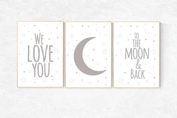 Gray nursery decor, We love you to the moon and back, moon prints, gender neutral baby, grey nursery, nursery wall art neutral, baby room