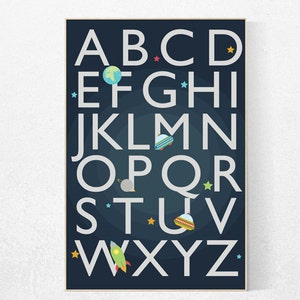 Decoración de habitaciones de niños, letras del alfabeto, decoración de salas de juegos, arte de la habitación del espacio exterior, decoración para niños pequeños, arte espacial, habitación de niños, regalo, arte de guardería con alfabeto