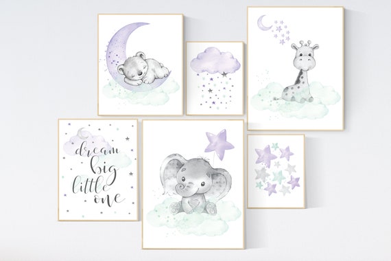 Purple mint nursery wall art, Nursery decor girl purple, Bear Elephant, giraffe, nurser decor girl, lilac nursery print, lavender, lilac