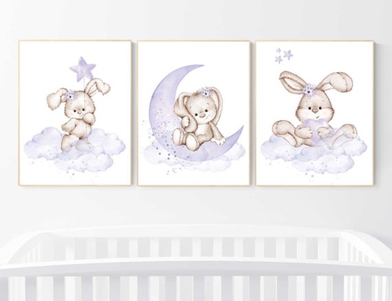 Nursery wall art bunny, purple nursery decor, Nursery decor girl flower bunny, lilac, lavender, bunny print nursery girl, rabbit print