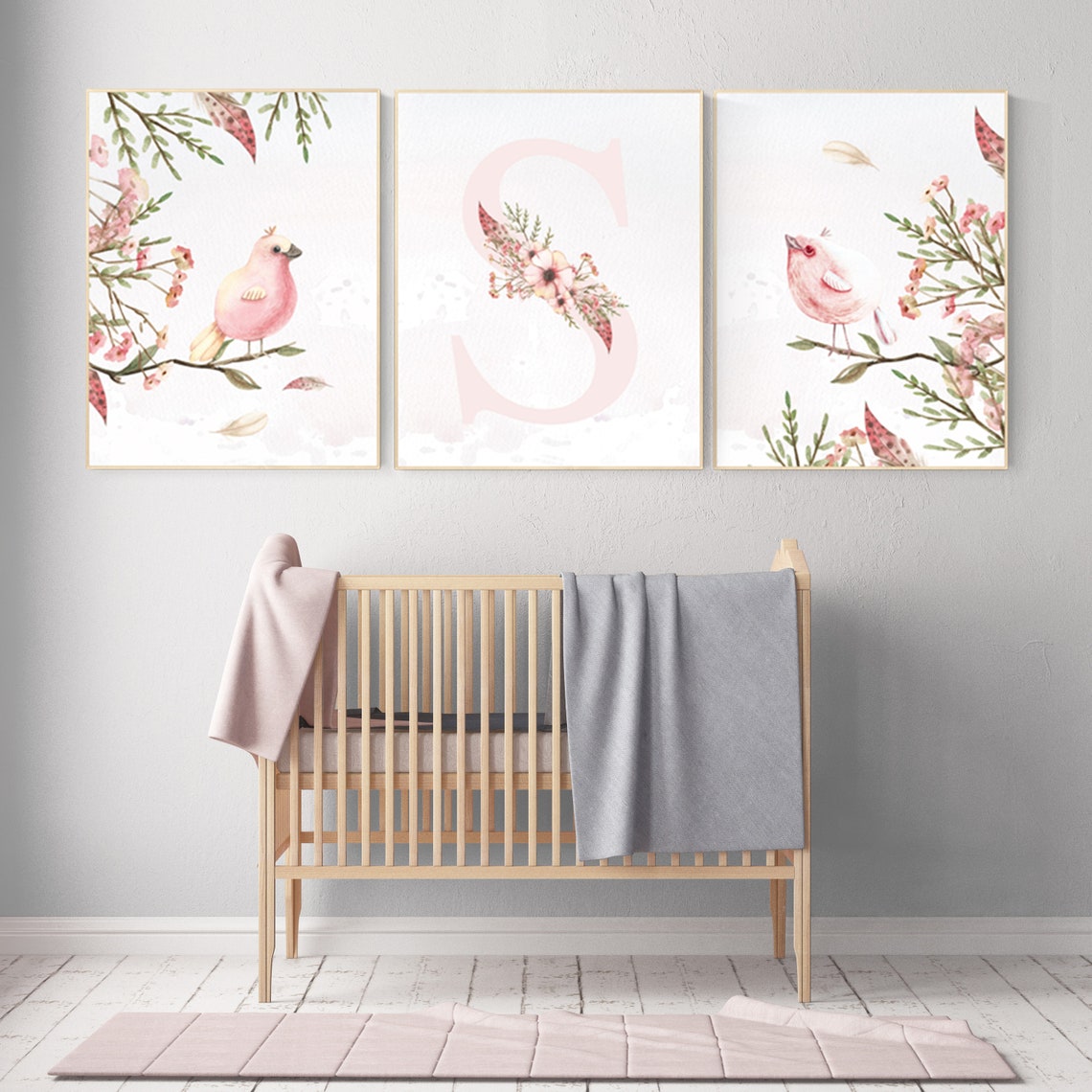 Nursery Decor Girl Floral Nursery Wall Art Birds Nursery Etsy