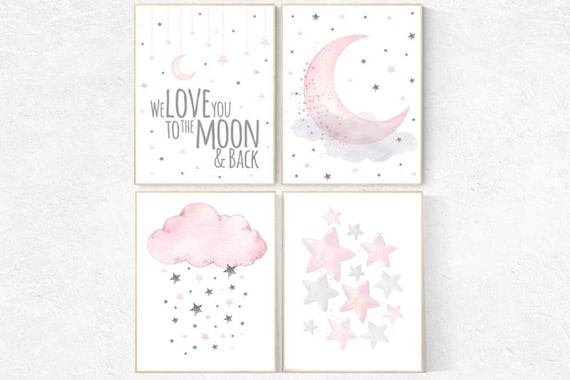 Nursery decor girl, pink grey nursery prints, Nursery wall art girl, we love you to the moon and back, pink gray nursery, moon, cloud, stars