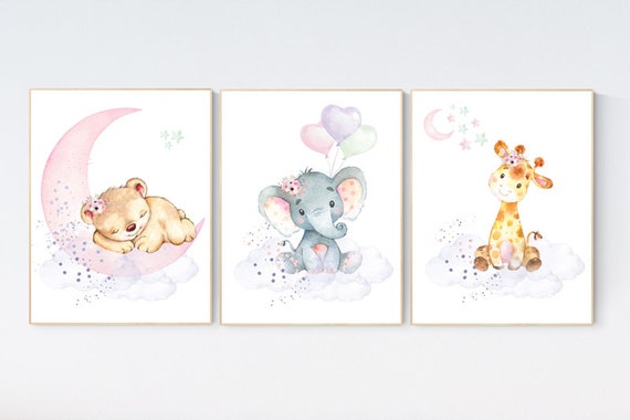 Nursery wall art girl elephant, giraffe, bear, pink, purple, and gold nursery, cloud and stars, baby room decor, baby girl