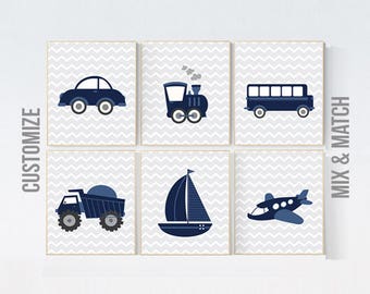 Transportation Nursery Print Set: Plane, Train, Truck, Boat, Car