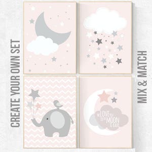 Pink gray nursery art, dream big little one, nursery decor, pale pink, pink gray, pink grey, moon nursery, champagne pink decor, girls room