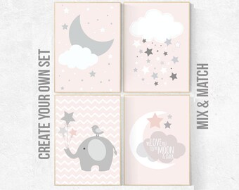 Pink gray nursery art, dream big little one, nursery decor, pale pink, pink gray, pink grey, moon nursery, champagne pink decor, girls room