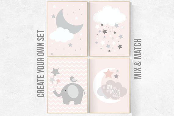 Pink gray nursery art, dream big little one, nursery decor, pale pink, pink gray, pink grey, moon nursery, champagne pink decor, girls room