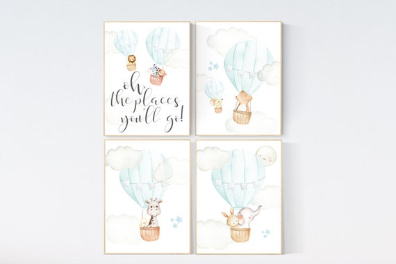 Hot air balloon nursery, nursery decor animals, nursery wall art mint, elephant, giraffe, bear, bunny, woodland animals, aqua, mint