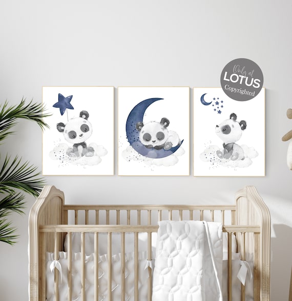 Navy nursery decor, panda nursery, moon and stars, navy blue nursery art, baby room wall art, boy nursery decor, panda bear, navy grey