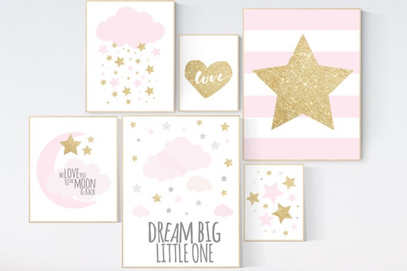 Nursery decor girl pink and gold, stars nursery decor, dream big little one, pink gold nursery print, moon and back, cloud and stars, pink